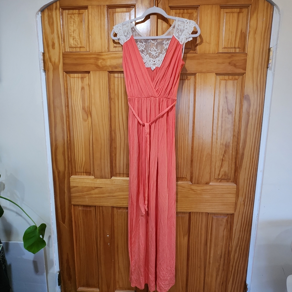 EUC Pinkblush Maxi Dress, Lace Back, Peach/Coral, Medium